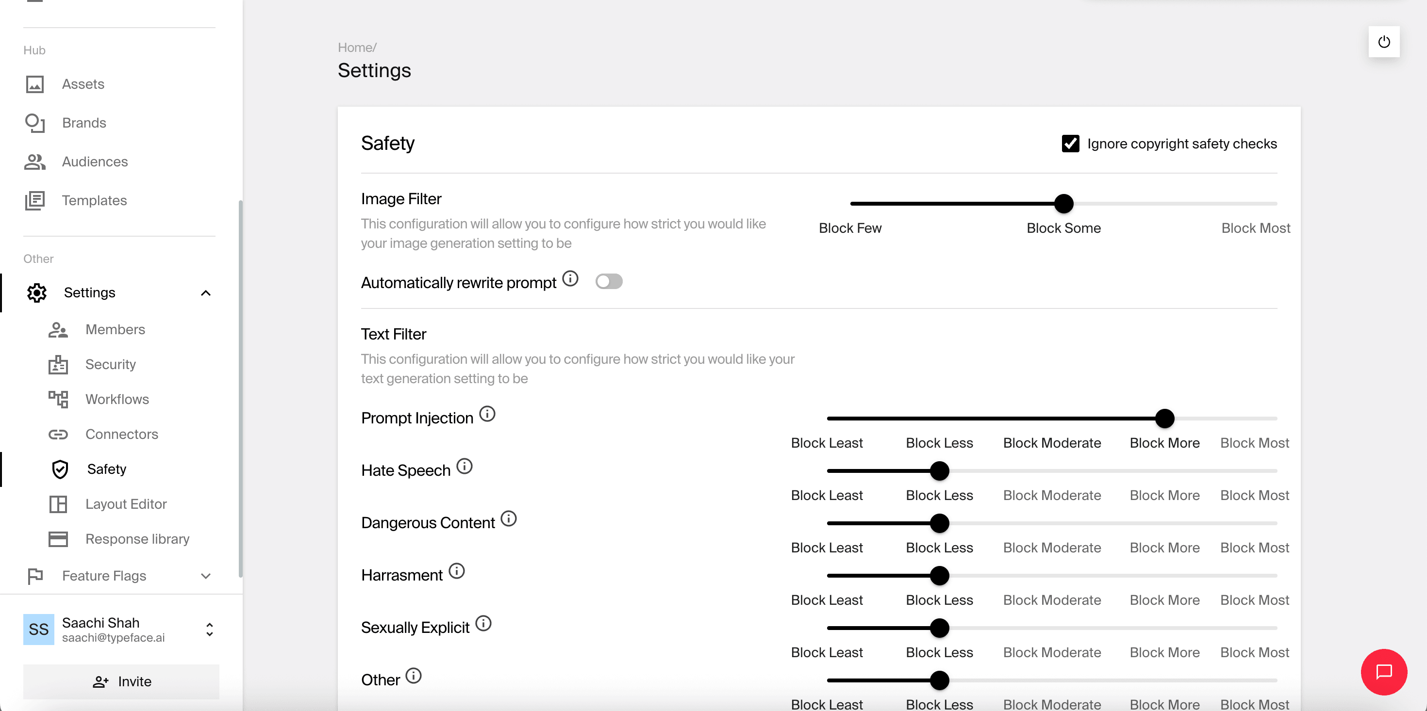 Responsible AI settings for content quality control and governance on Typeface