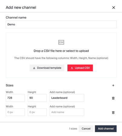 Channel sizes configuration