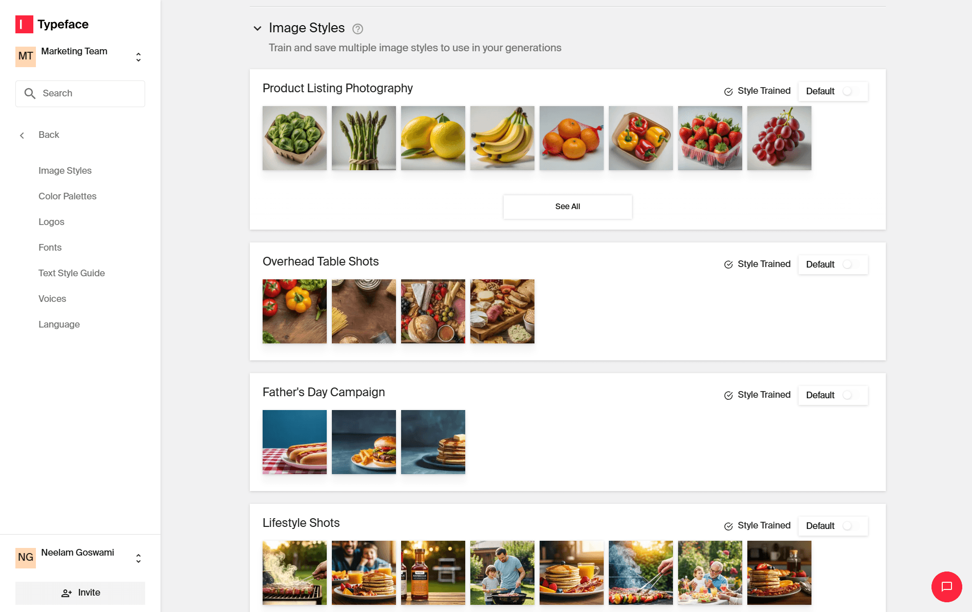 AI food photography styles saved on Typeface Brand Hub